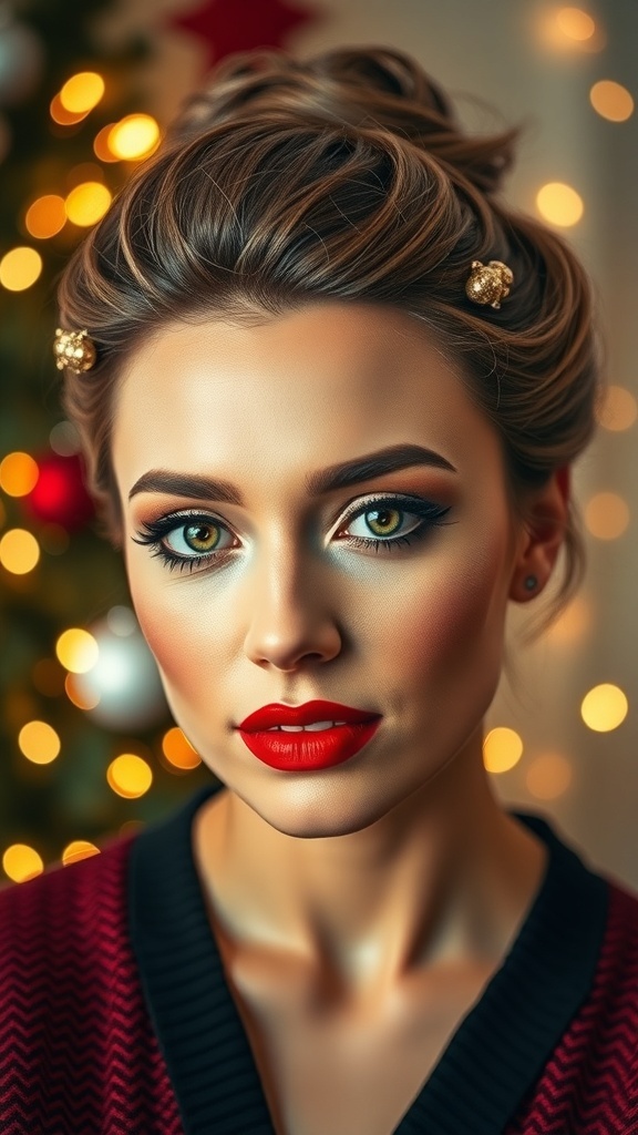 Festive Christmas makeup with red lips and gold eyeshadow, paired with an elegant updo decorated with holiday pins.